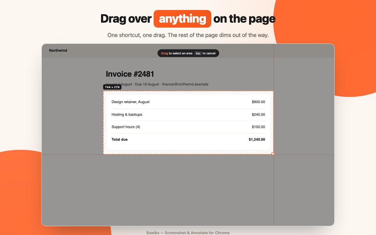 Sowiks Chrome extension capturing a selected area of a web page
