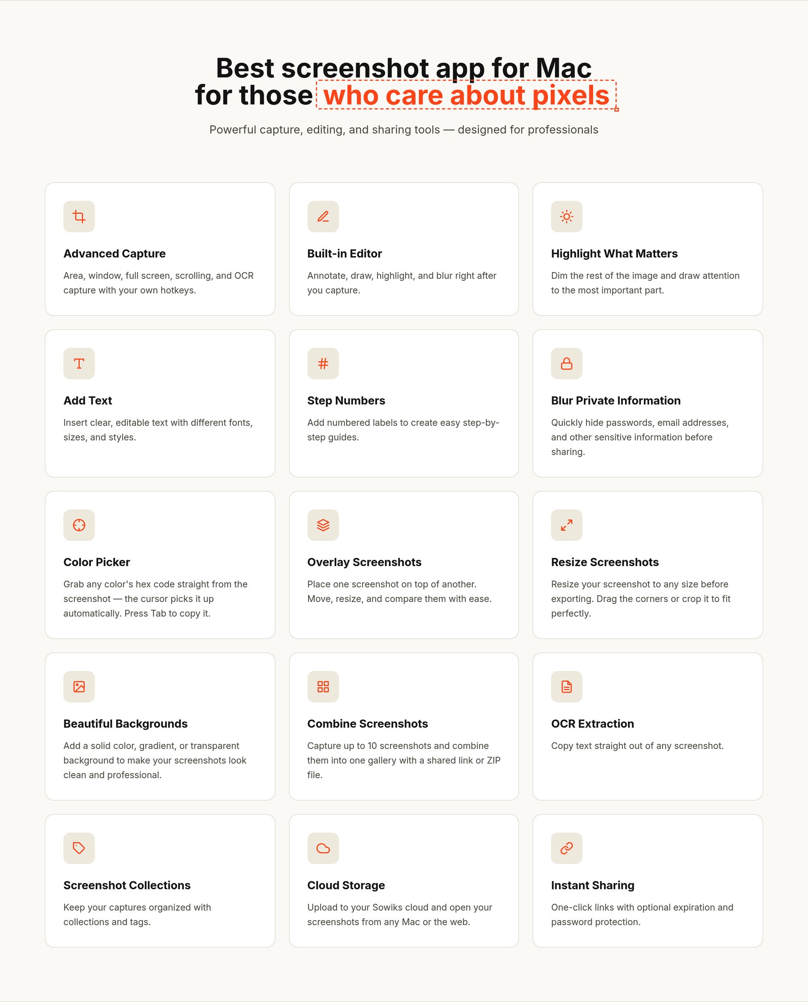 Sowiks features: capture modes, annotation tools, OCR and sharing