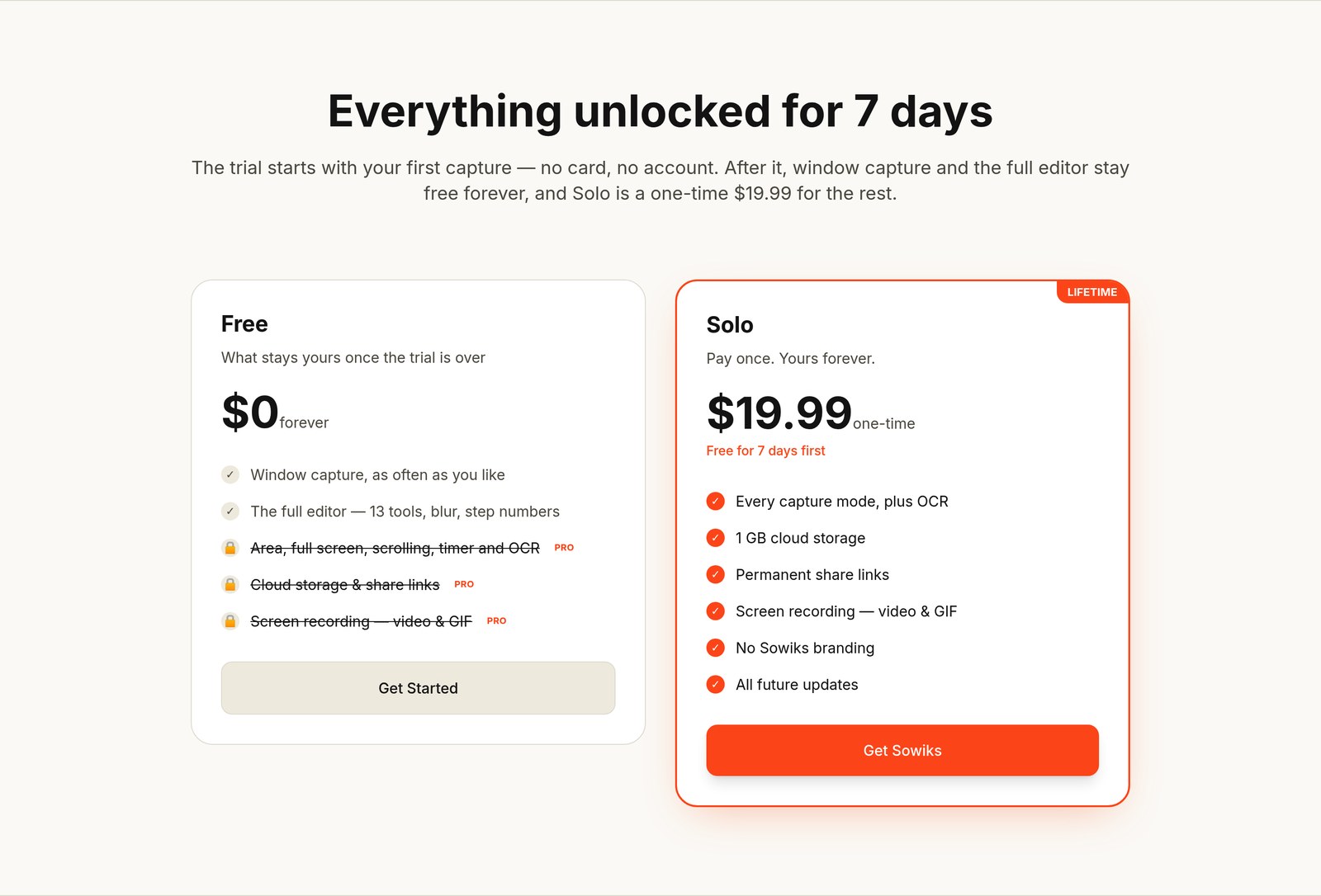 Sowiks pricing plans: Free and Solo at $19.99 one-time