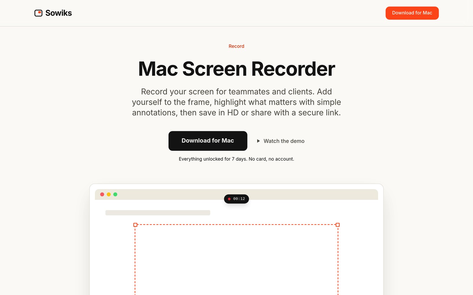 Sowiks Mac screen recorder page