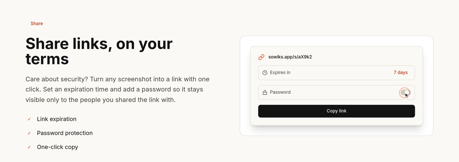 Sowiks share link settings with expiration and password protection